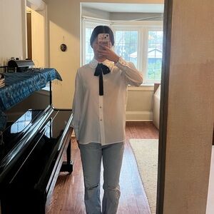 White Blouse with Gold Buttons and a removable Black Ribbon Tie